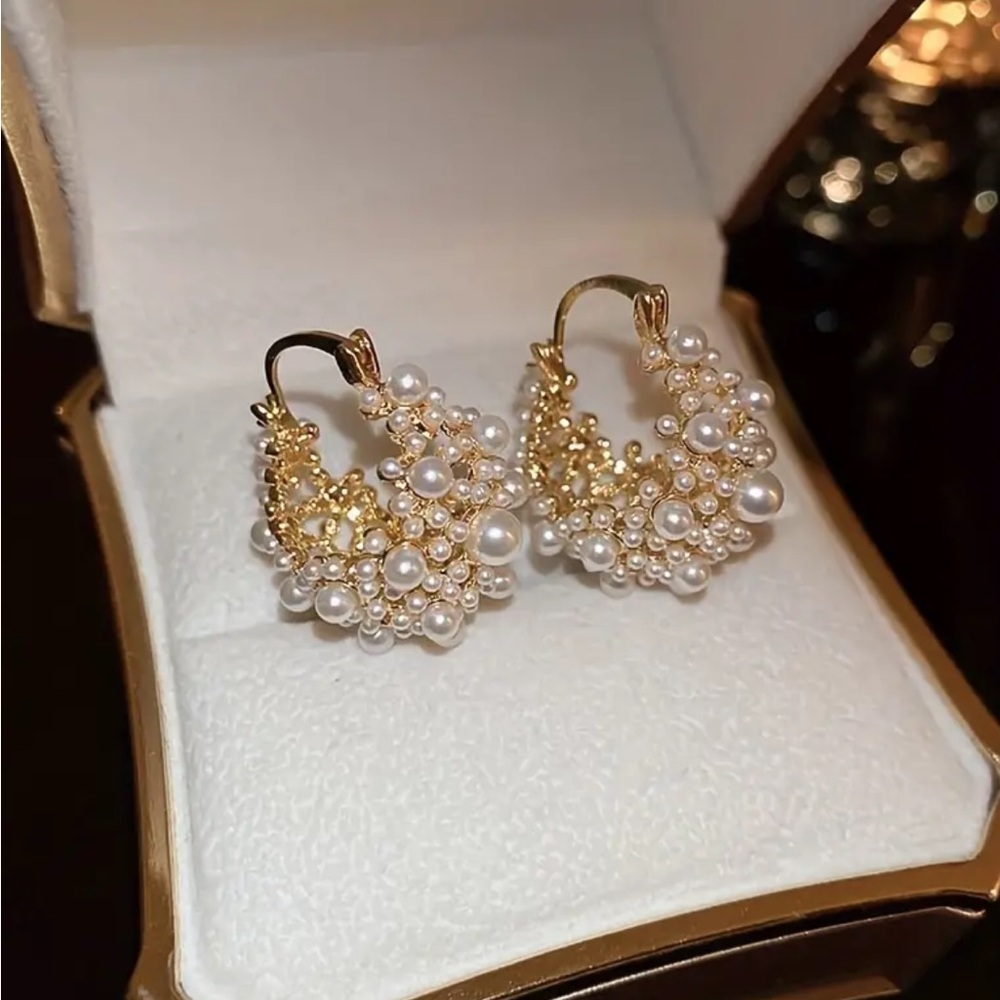 Faux Pearl Flower Basket Hoop Earrings - Picture 2 of 4